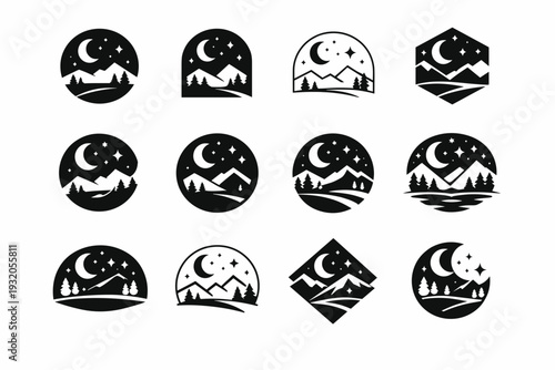 Astronomy and stargazing. Icon set. Set Logo of astronomy and stargazing: night sky horizon. harmonious logo variations of the same emblematic concept, each