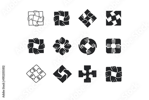 teamwork. Icon set. Set Logo of teamwork: interlocking hands. harmonious logo variations of the same emblematic concept, each with different artistic