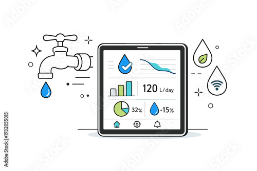 Water conservation technology. A tablet showing water usage statistics next to a faucet and droplet icons, calm monitoring process. Smart control and