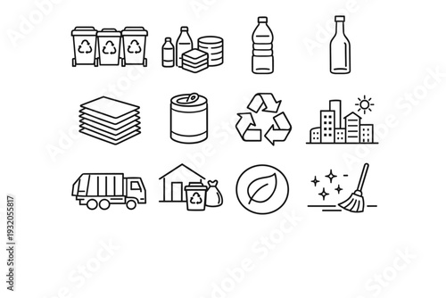 Urban Recycling. Line icon set of Urban Recycling: recycling bins, sorting waste, plastic bottle, glass bottle, paper stack, metal can, recycling symbol, city