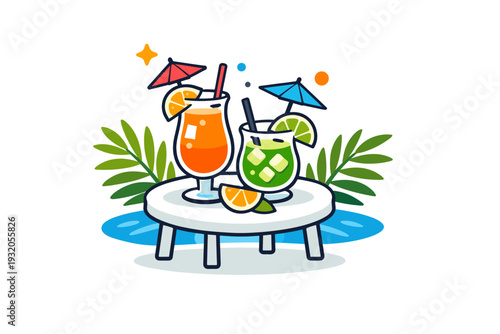 Pool Party tropical cocktails on a small table beside the pool with tiny umbrellas and citrus slices, surrounded by scattered palm leaves, evoking refreshment,