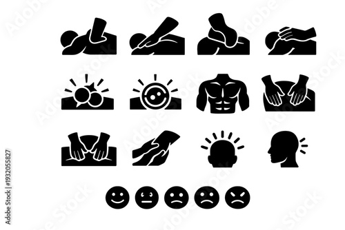 Deep Tissue Massage. Solid icon set of Deep Tissue Massage: elbow pressure, forearm pressure, deep thumb press, slow stroke, muscle knot, trigger point, back