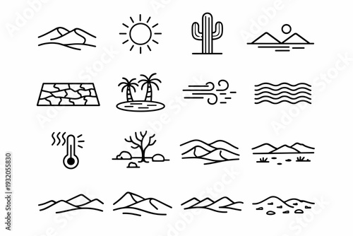 Desert. Line icon set of Desert: sand dunes, desert sun, cactus, desert horizon, dry ground cracks, oasis palm, desert wind, sand ripples, hot temperature,