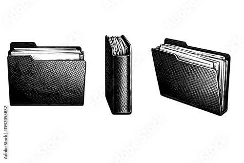 Paper folder with inserted documents A realistic paper folder containing stacked documents shown as a single object in three views including front, side, and