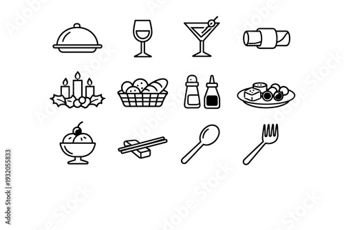 Festive Dining. Line icon set of Festive Dining: buffet platter, wine glass, cocktail, napkin ring, centerpiece, bread basket, condiments, appetizer plate,
