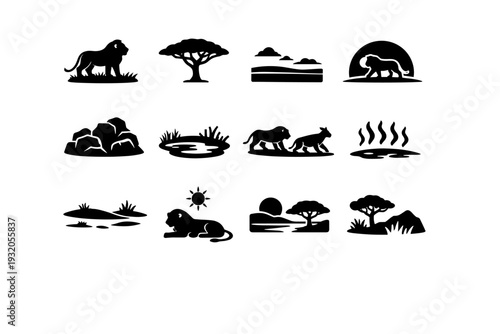 Savanna lions. Solid icon set of Savanna lions: lion on savanna, acacia tree, grassland horizon, sunset lion silhouette, rocky outcrop, watering hole, hunting