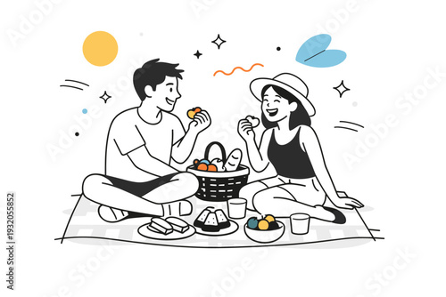 Picnic together. A couple sitting on a blanket outdoors, sharing snacks and laughter, with a sense of calm and playful connection. Gentle abstract shapes float