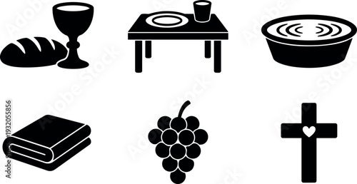 Flat design black silhouette close up christian communion icons bread chalice grapes cross folded cloth table bowl baptism minimal symbols