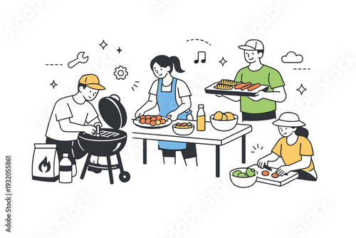 BBQ party preparation. A friendly editorial scene of people setting up a grill and preparing food outdoors before a barbecue. Calm teamwork, anticipation,