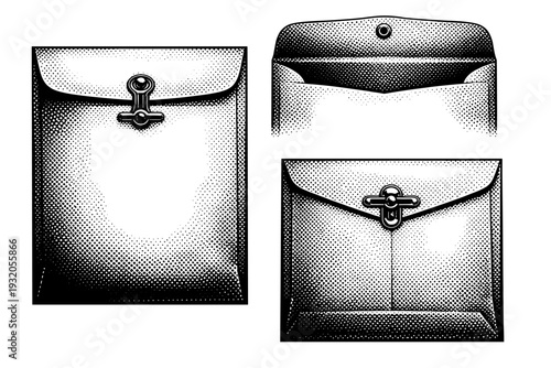 Manila Envelope ? Clasp-style manila envelope depicted closed front view, open flap view, and rear view with metal clasp detail, shown as one consistent