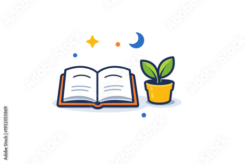 Self care quiet time visualized with an open book and small plant, expressing slowing down, reflection and restorative habits. Minimalist flat vector