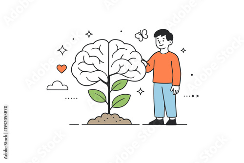 Mental health positive growth. A person standing next to a growing plant shaped like a brain, symbolizing resilience, healing, and personal growth. Optimistic