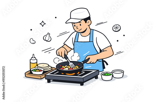 Street food cooking. A cook preparing food on a small grill or pan, focused movement suggested by light motion lines. The scene shows freshness, skill, and