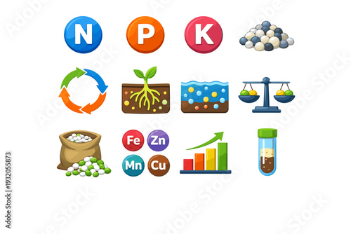 Soil nutrients. Colorful flat vector icons set of soil nutrients: nitrogen symbol, phosphorus symbol, potassium symbol, mineral granules, nutrient cycle