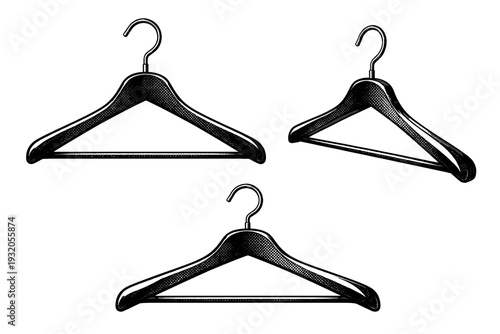 Clothes hanger, a realistic clothes hanger shown from front view, side profile, and angled perspective as three object representations with accurate hook