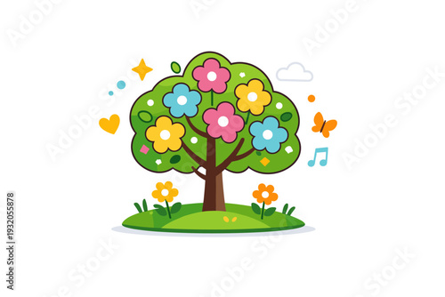 Blooming trees expressing joy and positive energy through a vibrant flowering tree with rounded blossoms and playful decorative accents, creating a cheerful
