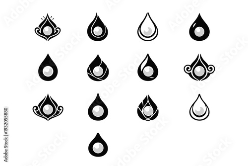 glistening pearls. Icon set. Set Logo of glistening pearls: pearl drop pendant. harmonious logo variations of the same emblematic concept, each with different