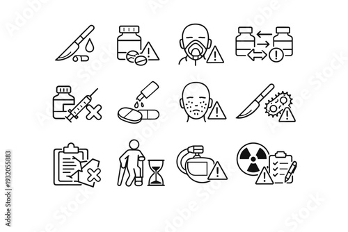 Treatment Risks. Line icon set of Treatment Risks: surgical complication, medication side effects, anesthesia risk, drug interaction, dosage error, allergic