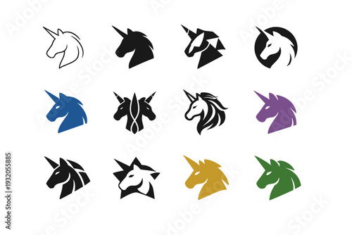 Unicorns in a mystical meadow. Icon set. Set Logo of unicorn: unicorn head. harmonious logo variations of the same emblematic concept, each with different