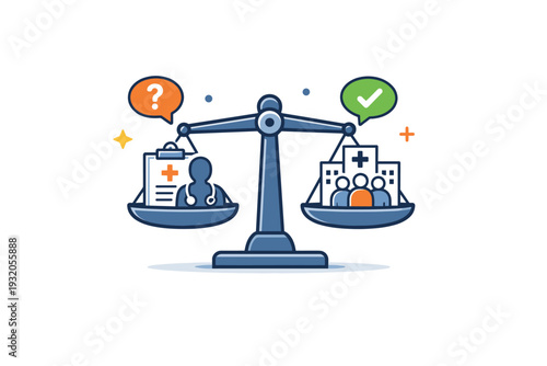 Concierge medicine inequality ethical tension shown as balanced scales weighing personalized care against public healthcare needs, expressing debate,