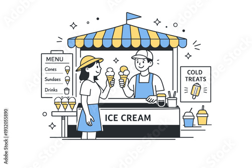 Ice cream stand. A clean editorial scene of a small ice cream kiosk with simple menu cards and a friendly atmosphere. The illustration conveys summer vibes and