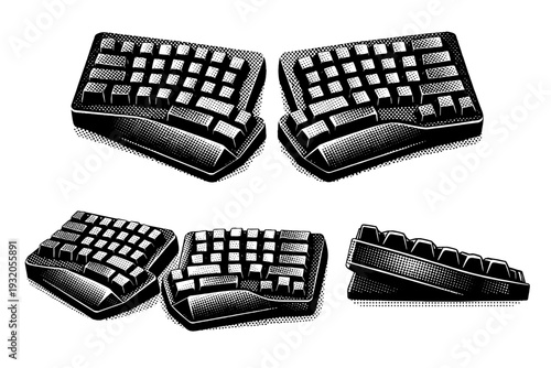 Mechanical keyboard ? ergonomic keyboard with split layout, angled halves, and pronounced mechanical key height. Black and white dot style with halftone