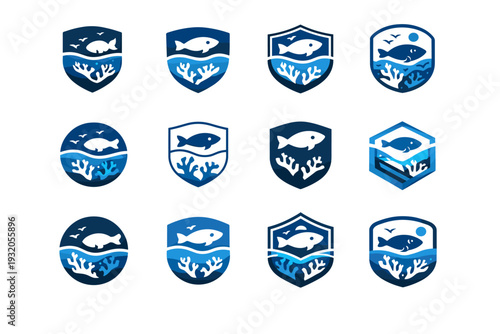 Learning about sustainable fishing practices. Icon set. Set Logo of Learning about sustainable fishing practices: protected ocean area sign. harmonious logo
