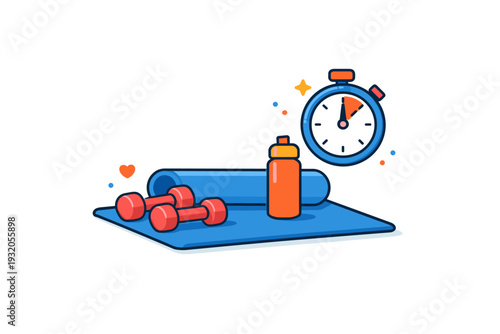 Home workout routine illustrated through a clean scene of a fitness mat and timer icon, communicating convenience, consistency, and everyday exercise habits.