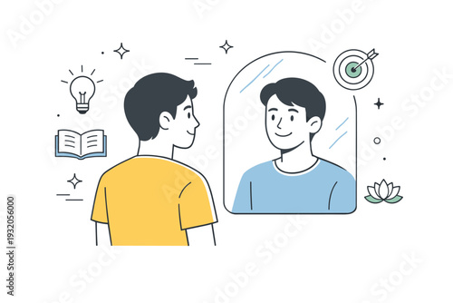 Self development journey. A person looking at a reflection or mirror, smiling gently and feeling confident. The mood is thoughtful and positive, focused on