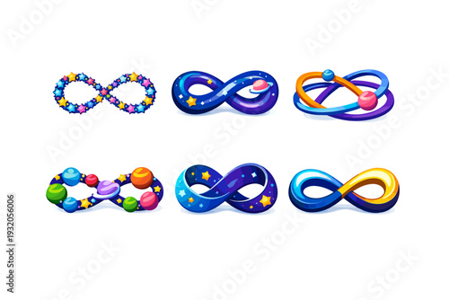 Cosmic infinity. Isometric flat vector icons set of cosmic infinity: infinity symbol made of stars, looping galaxy path, endless orbit rings, repeating planet
