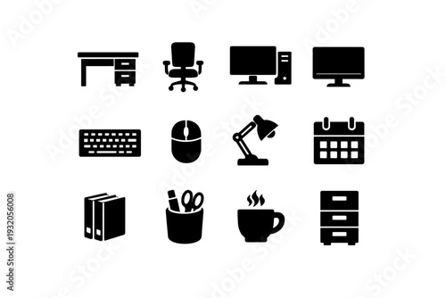 Office setup. Solid icon set of office setup: desk, chair, computer, monitor, keyboard, mouse, lamp, calendar, books, pen holder, coffee cup, filing cabinet.
