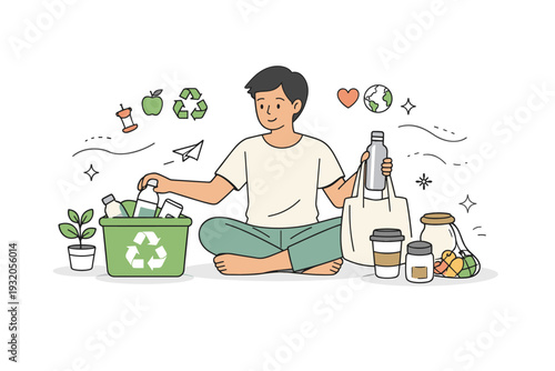 Eco lifestyle daily choices. A calm editorial scene of a person sorting waste and choosing reusable items at home. Mindful routine, balance and simplicity