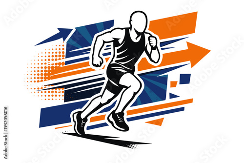 Modern graphic collage showing a comic-style fitness motivation moment, black and white faceless runner in motion, intersected by speed lines, arrows, and