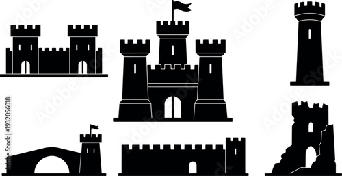 Silhouette castle vector set with multiple towers gate flag aerial and close up flat design side view front view minimalist