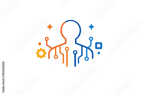 Future technology abstract concepts conveyed by a minimal circuit pattern forming a human-like silhouette, highlighting the relationship between people and