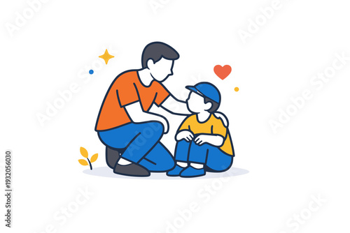 Family life parenting care illustrated by an adult gently helping a child, expressing guidance, trust and everyday support. Minimalist flat vector