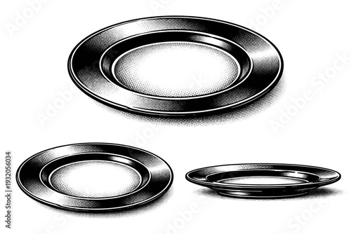 Plate ? decorative charger plate with wide flat rim shallow center and bold structural proportions depicted as a single object. Black and white dot style with