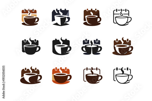 Thursday. Icon set. Set Logo of Thursday: coffee cup for late week. harmonious logo variations of the same emblematic concept, each with different artistic