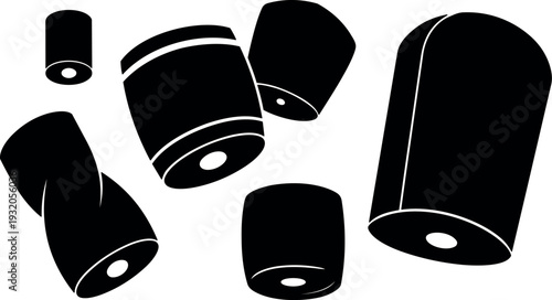 Flat design close up scattered cylindrical battery cells silhouette composition overhead view high contrast minimal icon set black and white