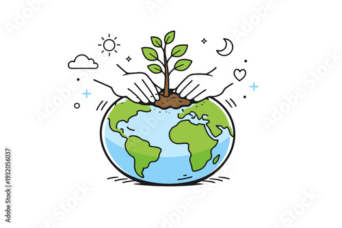 Protecting the planet. A focused scene showing hands planting a small tree on a simplified globe. The illustration communicates care, growth, and long-term
