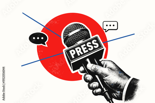Black and white retro-style close-up of a reporter microphone held toward an unseen speaker, realistic vintage texture, bold red circle behind the