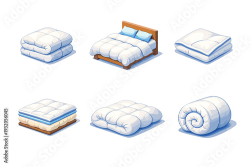 Cozy Duvet. Isometric flat vector icons set of Cozy Duvet: folded duvet, fluffed duvet on bed, duvet corner detail, stitched duvet layers, duvet with soft