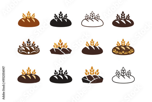 karavai. Icon set. Set Logo of karavai: wheat ornament on bread. harmonious logo variations of the same emblematic concept, each with different artistic