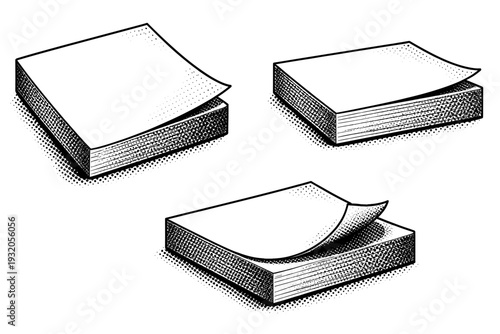 Sticky notes individual pad A detailed individual sticky note pad presented as a single object in three views including top, side, and angled, focusing on edge