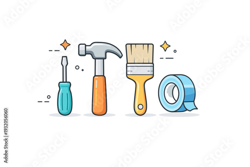 DIY tools set. Hammer, screwdriver, paintbrush, and tape arranged symmetrically, balanced and clean composition. Versatile home improvement and crafting