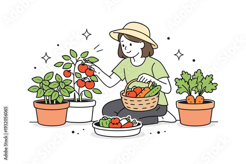 Harvesting home garden produce. A person gently picking ripe vegetables or herbs from pots, soft sunlight and cheerful atmosphere, subtle decorative elements