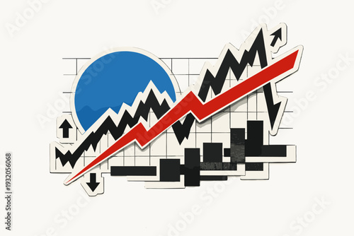 Black and white retro-style financial zigzag chart rising and falling sharply, realistic vintage paper stock texture, bold red diagonal lightning-shaped line