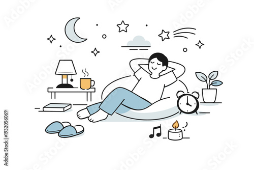 Relax time evening calm. An abstract yet friendly scene showing the feeling of winding down in the evening. Soft lighting, slow rhythm, floating stars and