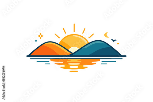 Golden hour shown through a simple landscape with sun dipping behind abstract hills, creating a feeling of balance, reflection, and natural harmony. A calm and