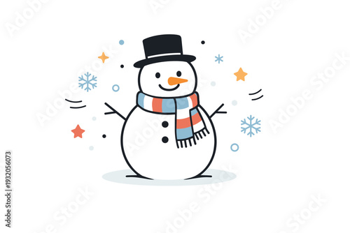 Snowman with scarf. A cheerful snowman standing outdoors, wrapped in a cozy scarf, calm winter mood. Soft snowflakes and simple decorative shapes create a